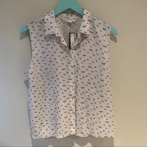 Pinstripe and floral sleeveless button-up